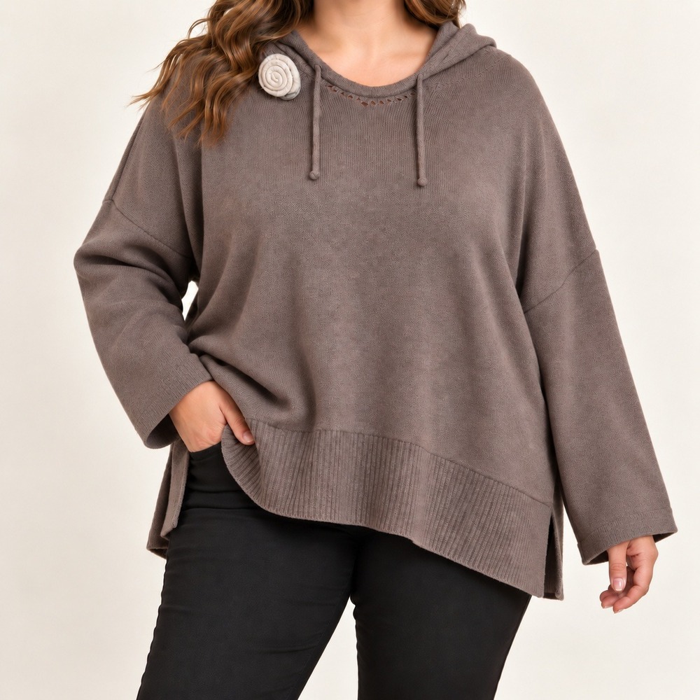 Soft Surroundings Hoodie Sweater 3X Taupe Brown Knit Pullover Rosette Pin Cozy